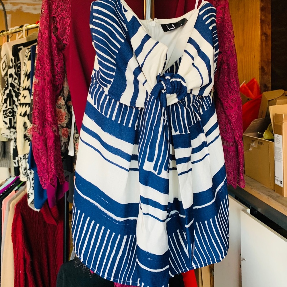 Front tie romper, cream and navy